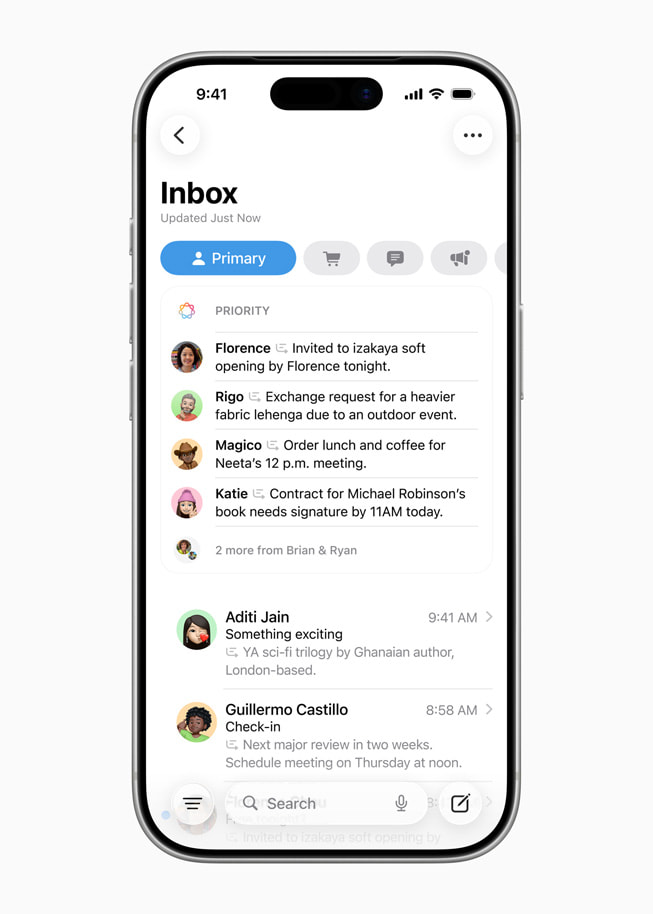 iPhone shows Mail, with certain messages prioritized at the top of the screen.