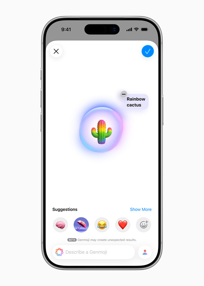 Cactus-Genmoji in regenboogkleuren op iPhone.