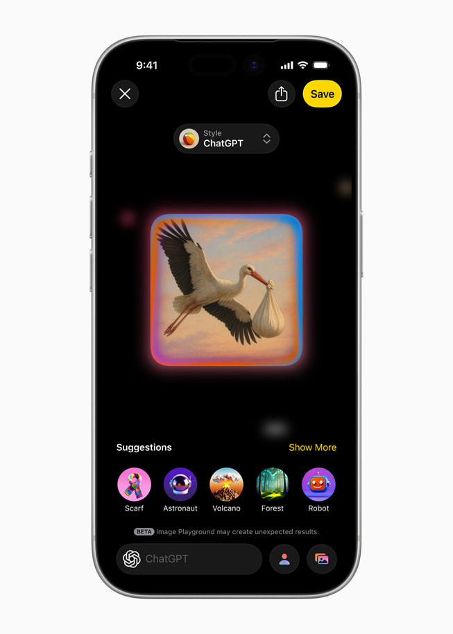 iPhone viser en Image Playground-skærm med integration af ChatGPT.