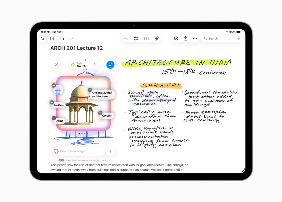 iPad viser en Billedmagi-skærm med noter og skitser til en arkitekturtime, hvor brugeren holder en Apple Pencil for at tegne en cirkel om en bygning.