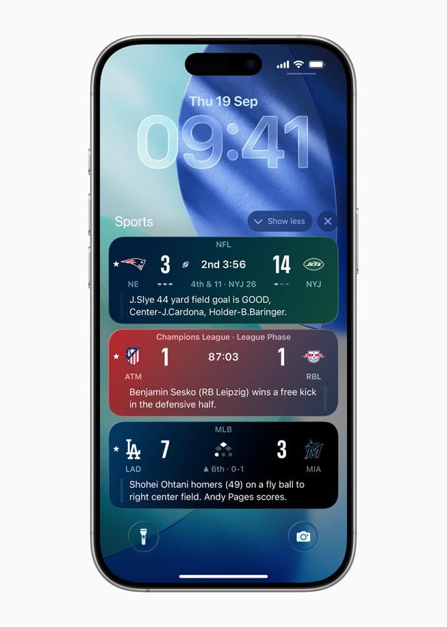 iPhone 17 Pro shows multiple scores in various sports leagues displayed on the Lock Screen.