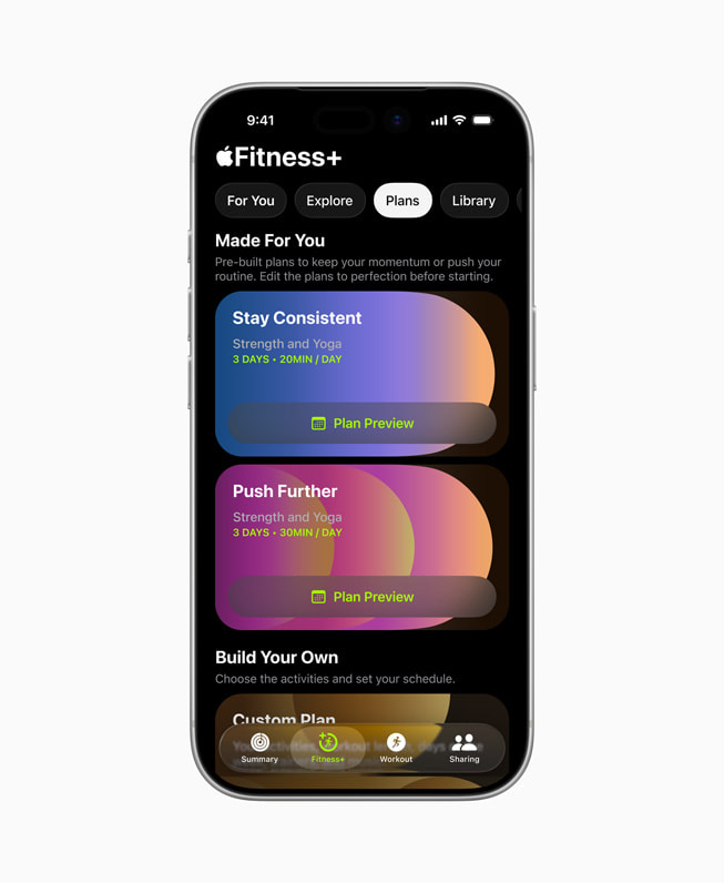 Planes Personalizados de Apple Fitness+ en la pantalla de un iPhone 17 Pro de un usuario. 