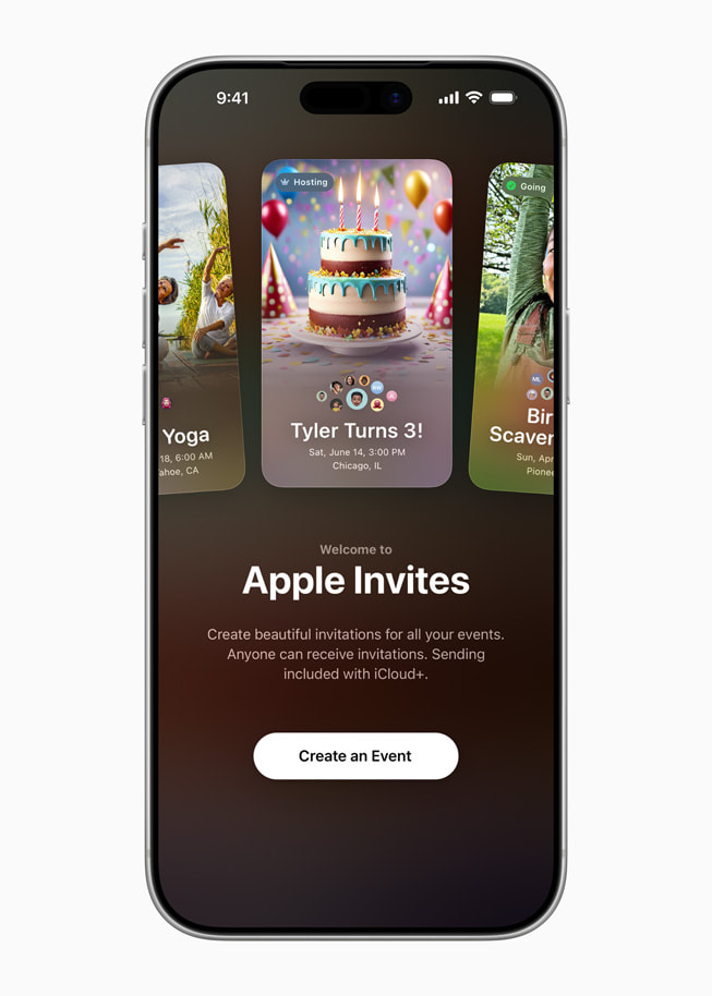 Un iPhone 17 Pro muestra Invitaciones Apple con una invitación a una fiesta de inauguración de una casa.