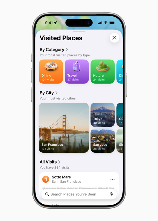 Se muestran los Lugares Visitados de un usuario en Mapas de Apple en un iPhone 17 Pro.