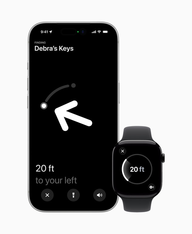 Un Apple Watch muestra un artículo llamado "Llaves de Debra" que se encuentra a 6 metros.