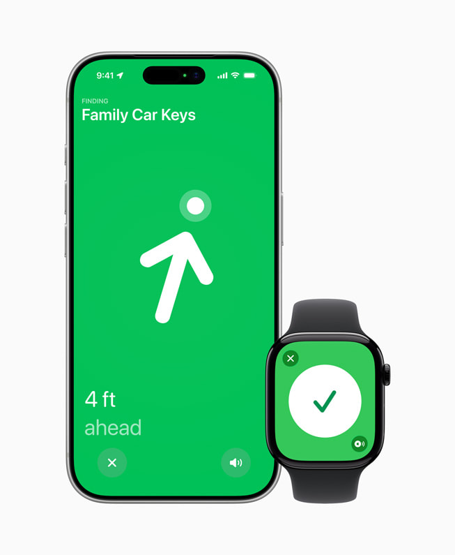 Un Apple Watch muestra una pantalla verde que indica que el artículo llamado "Llaves del auto familiar" se encuentra a 1.2 metros.