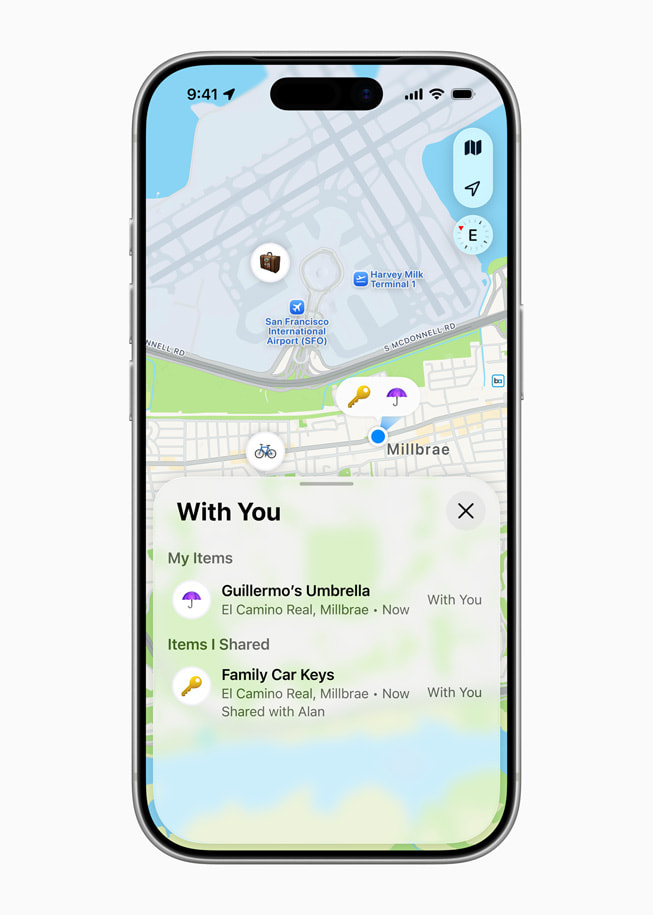 Un iPhone 17 Pro muestra un mapa y una pantalla que dice "Contigo", junto con una lista de artículos, entre ellos, “Paraguas de Guillermo” y “Llaves del auto familiar”.