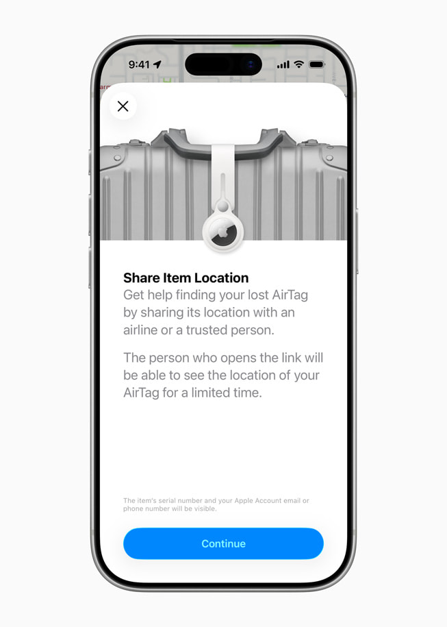 Un iPhone 17 Pro muestra una pantalla que dice "Comparte la ubicación del artículo" e instrucciones para encontrar un AirTag perdido. Un botón en la parte inferior dice “Continue”.