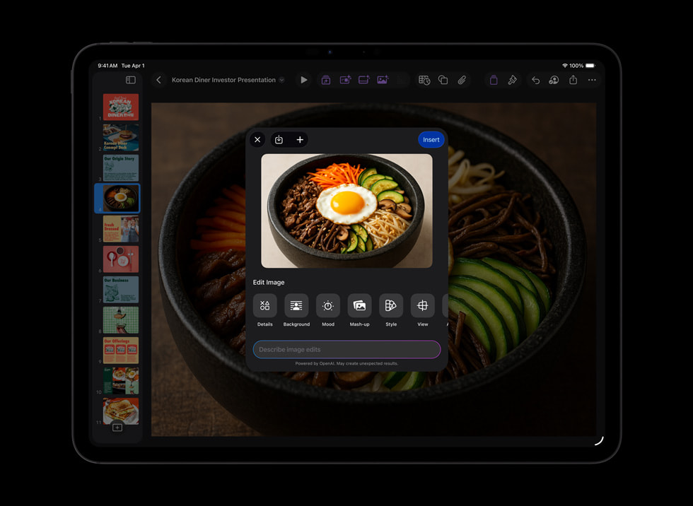 A Keynote presentation with an OpenAI dialogue box displayed on iPad Pro.