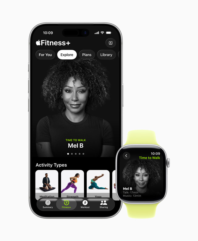 Zeit fürs Gehen mit Mel B in Fitness+ auf einem iPhone und einer Apple Watch. 
