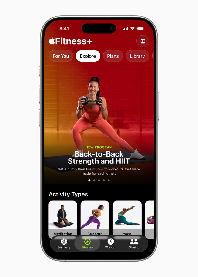 Das Programm „Back-to-Back Strength and HIIT” in Apple Fitness+ auf einem iPhone.
