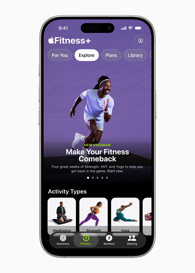 Das Programm „Make your Fitness Comeback” in Apple Fitness+ auf einem iPhone. 

