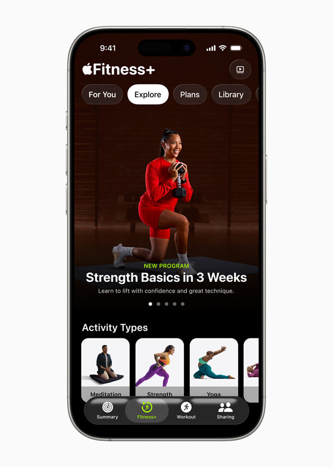 Das Programm „Strength Basics in 3 Weeks” in Apple Fitness+ auf einem iPhone.
