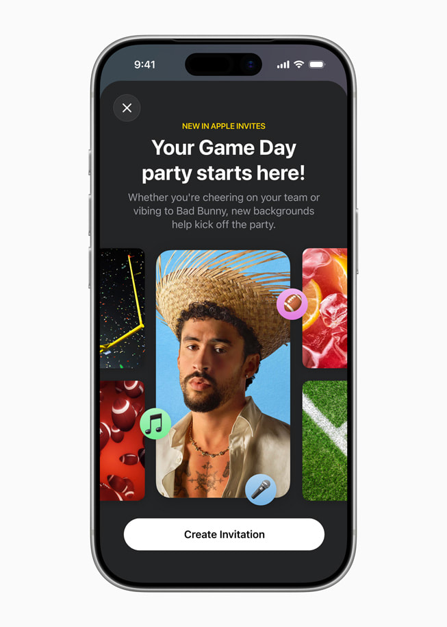 Un iPhone 17 Pro affiche un nouveau modèle spécial jour de match dans l’app Invitations. Une photo de Bad Bunny est accompagnée d’un texte célébrant le match, et en dessous se trouve un bouton « Créer un événement ».