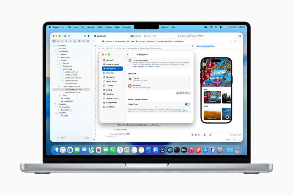 Una MacBook Pro muestra la app Xcode con nuevas funcionalidades de programación agéntica.