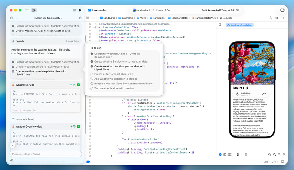 Una persona usa programación agéntica en Xcode para desarrollar una app para el iPhone, con una vista detallada del monte Fuji.