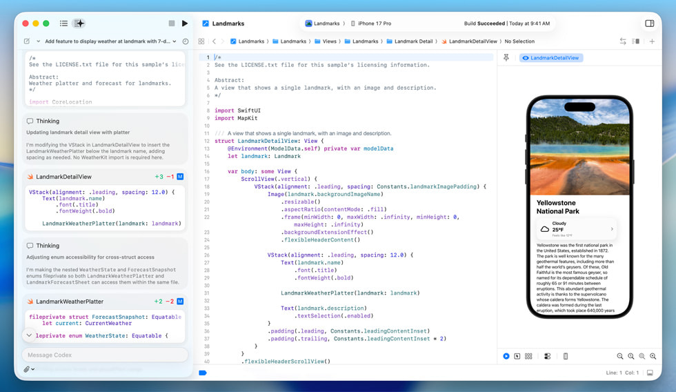 Una persona usa programación agéntica en Xcode para desarrollar una app para el iPhone, con una vista detallada del Parque Nacional Yellowstone.