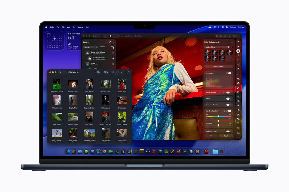 Una MacBook Air muestra una pantalla de Pixelmator Pro y una selección de fotos.