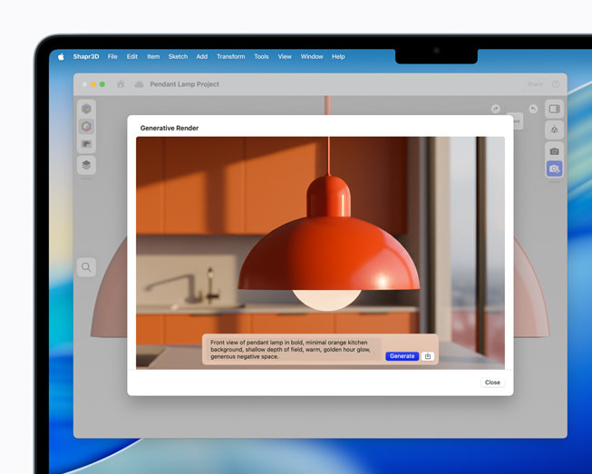 Una MacBook Air muestra una pantalla de Shapr3D con la renderización de una lámpara colgante naranja.