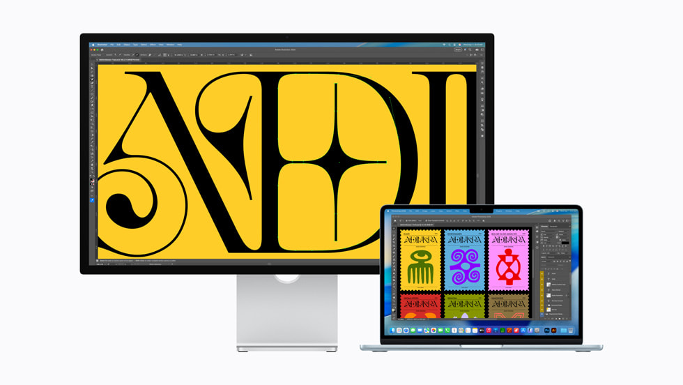 Adobe Illustrator en un monitor Studio Display y la MacBook Air.