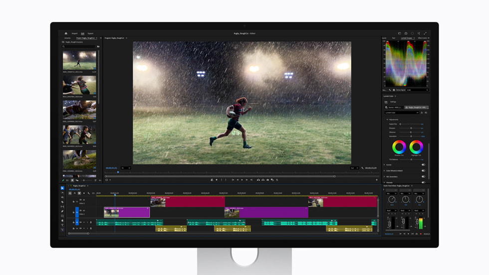Adobe Premiere en un monitor Studio Display XDR.