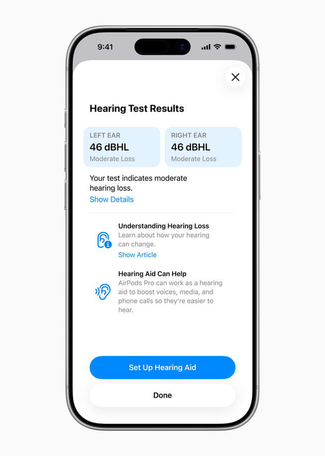 A user’s iPhone shows their Hearing Test results and features a button at the bottom that reads “Set Up Hearing Aid.”