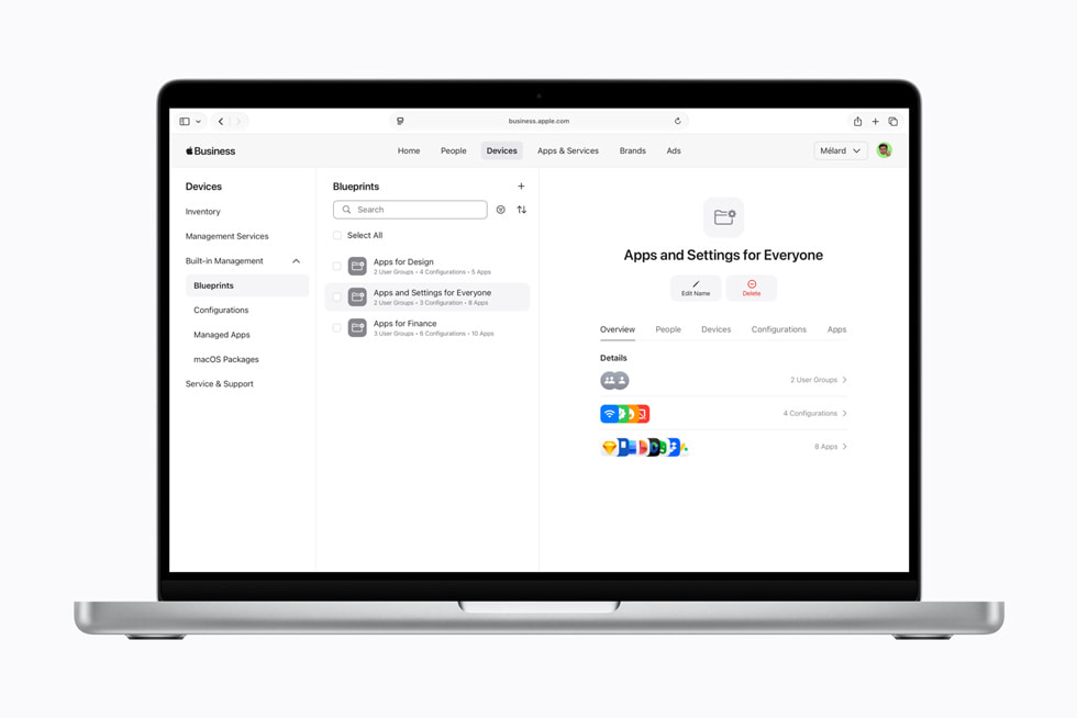 Se muestra Blueprints de Apple Business en una Mac.
