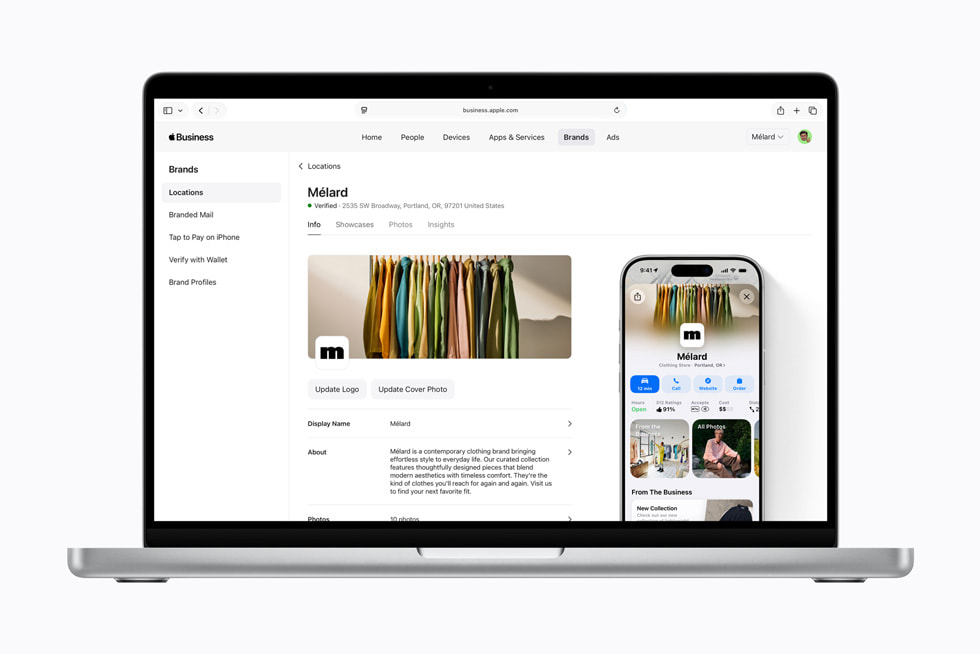 Se muestra una pantalla con datos sobre la ubicación de una empresa en la plataforma Apple Business en una Mac.