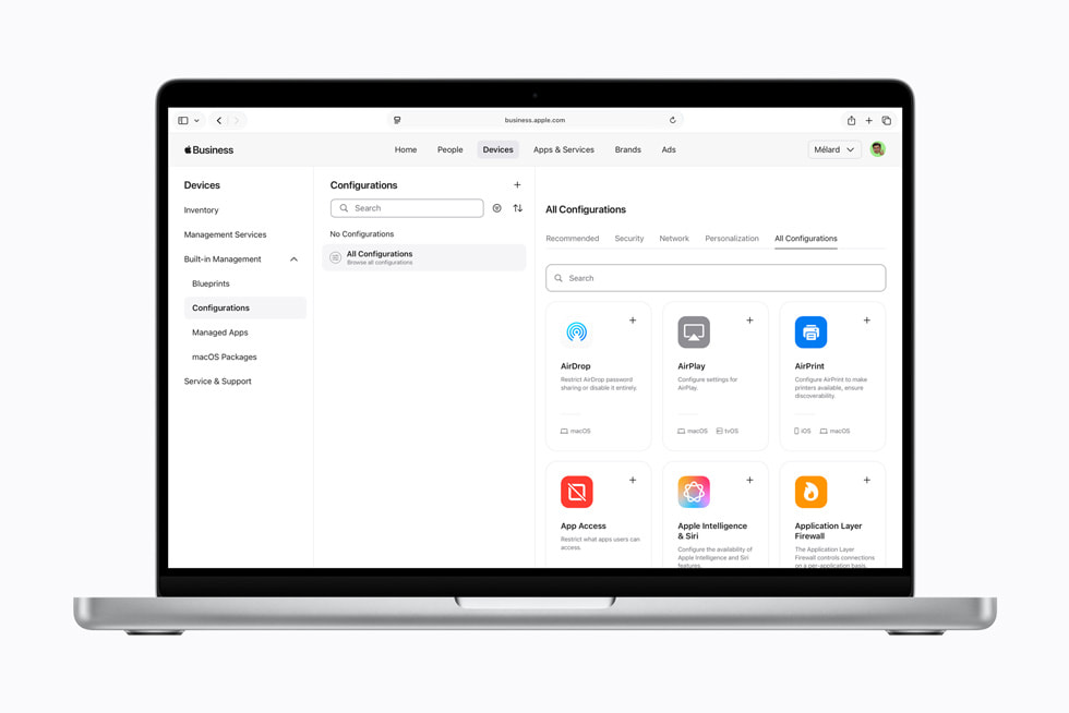 Se muestra la pantalla de configuraciones de Apple Business en una Mac.