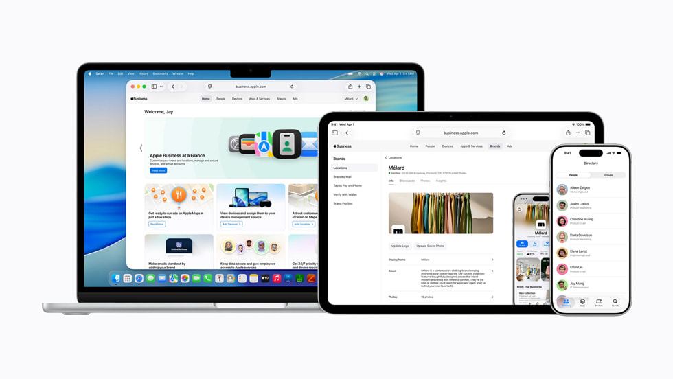 Dispositivos MacBook Air, iPad Pro y iPhone 17 Pro muestran la plataforma Apple Business.