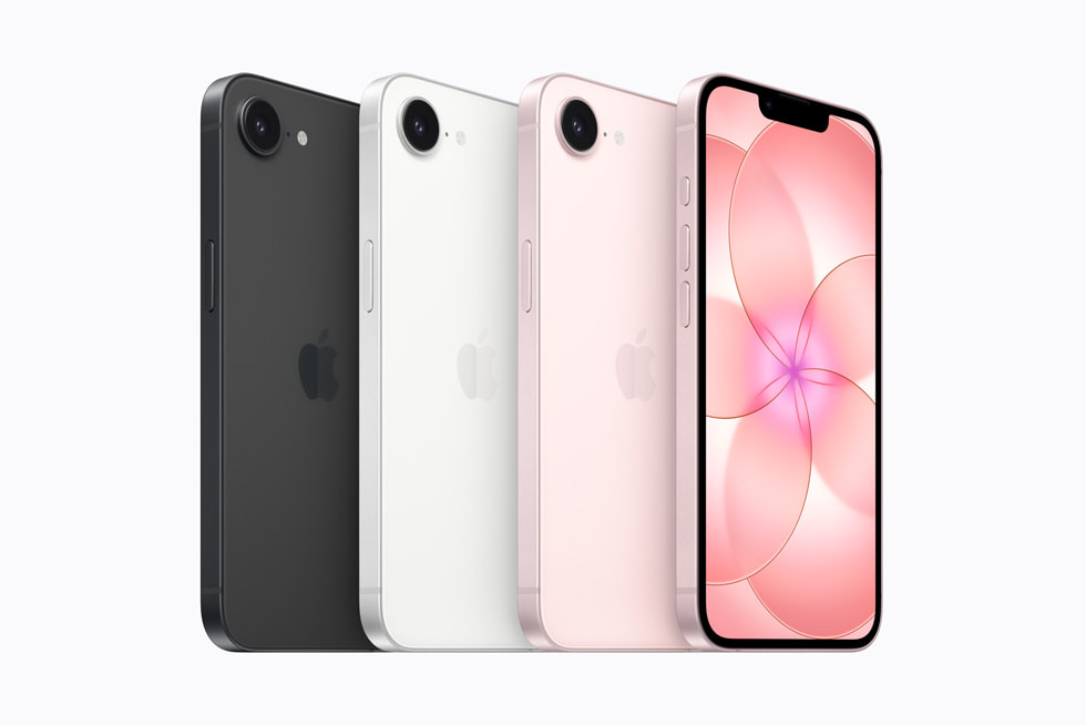 Quatre iPhone 17e – l’un en noir, l’un en blanc, et deux en rose – sont présentés.