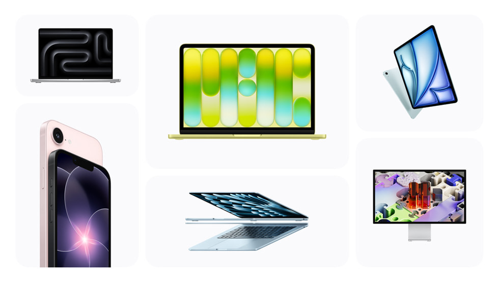 Images des nouveaux produits Apple, dans le sens des aiguilles d’une montre à partir du coin supérieur gauche : le MacBook Pro, le MacBook Neo, l’iPad Air, le Studio Display XDR, le MacBook Air et l’iPhone 17e.