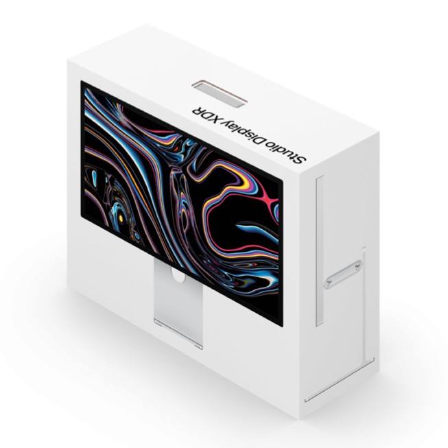La caja de un monitor Studio Display XDR contra un fondo blanco.