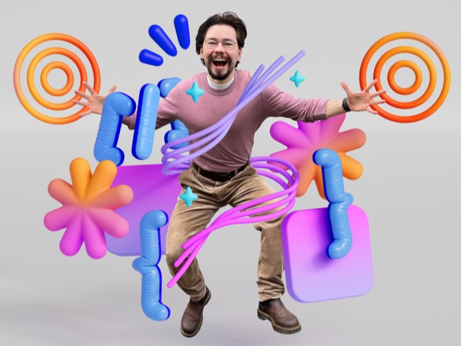 Anton Baranov se muestra entusiasmado, rodeado de coloridas ilustraciones 3D que representan elementos de presentaciones, como símbolos de programación o viñetas.