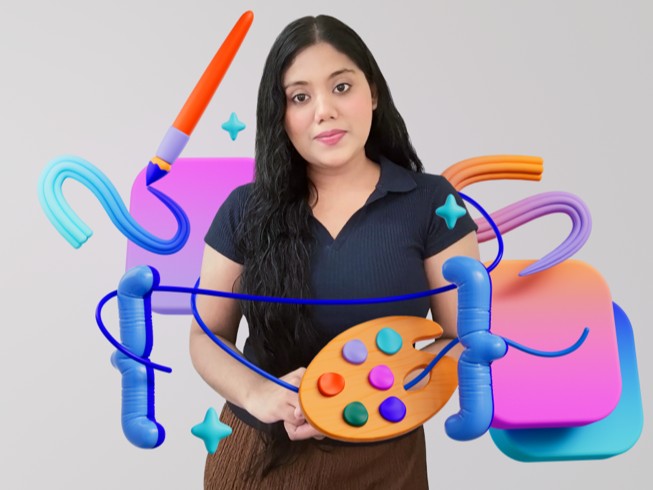 Gayatri Goundadkar sostiene una paleta digital, con coloridas ilustraciones 3D de un pincel y una línea serpenteante que representa la corrección de un temblor.