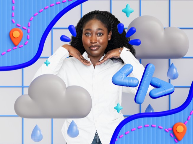 Karen-Happuch Peprah Henneh rodeada de ilustraciones 3D de una nube de lluvia y un mapa que muestra una ruta desde un punto de inicio hasta un pin de destino, que representa una app de evacuación por inundaciones.
