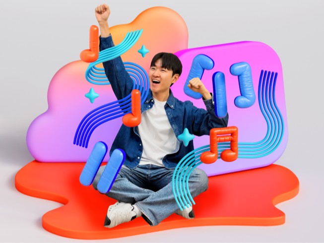 Yoonjae Joung festeja con un brazo en alto, rodeado de coloridas ilustraciones 3D de notas musicales, una viola y ondas sonoras.