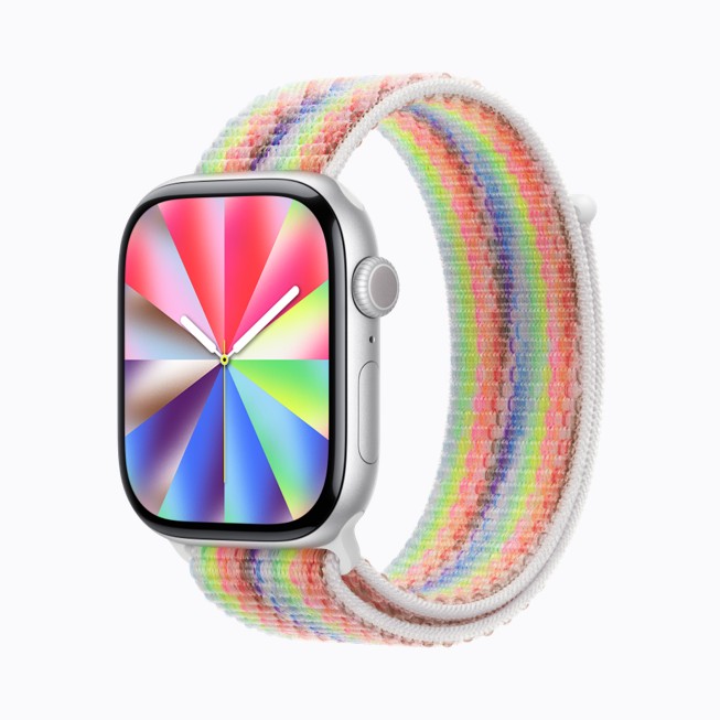 Un Apple Watch Series 11 con la carátula Orgullo Luminoso y la correa loop deportiva Edición Orgullo.