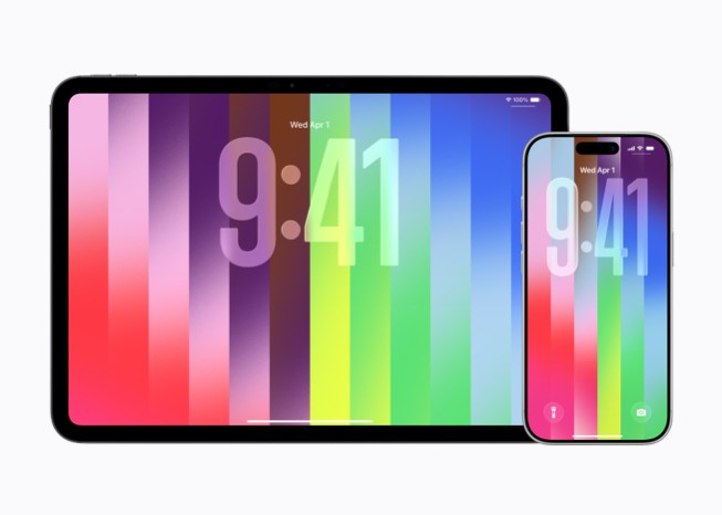Los fondos de pantalla a juego de la nueva colección Orgullo para el Apple Watch se muestran en un iPad Pro de 11 pulgadas y un iPhone 17 Pro. 