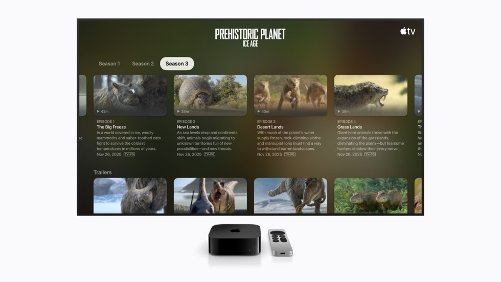 La interfaz de Apple TV muestra un menú para el programa “Planeta prehistórico: la Edad de Hielo” con un tamaño de texto estándar.