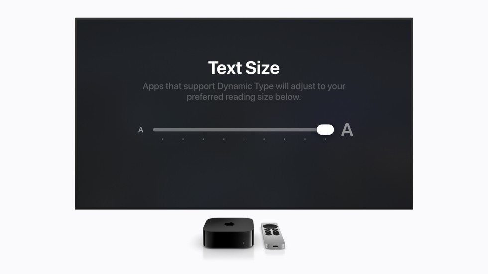 La interfaz de Apple TV muestra un control para aumentar el tamaño del texto.