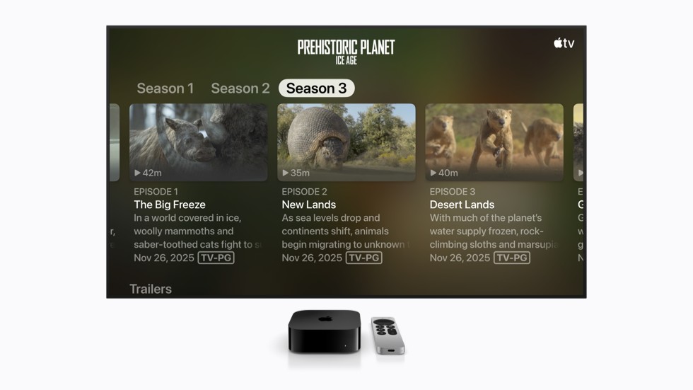 La interfaz de Apple TV muestra un menú para el programa “Planeta prehistórico: la Edad de Hielo” con un tamaño de texto más grande.