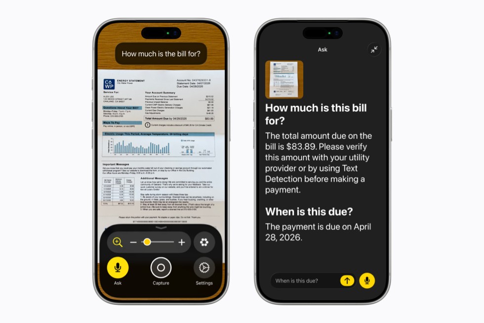 Una pantalla de iPhone a la izquierda muestra la app Lupa que captura una factura de luz mientras el usuario pregunta “¿Cuánto tengo que pagar?” y la pantalla de un iPhone a la derecha proporciona una respuesta detallada sobre el monto total, así como la fecha de vencimiento.
