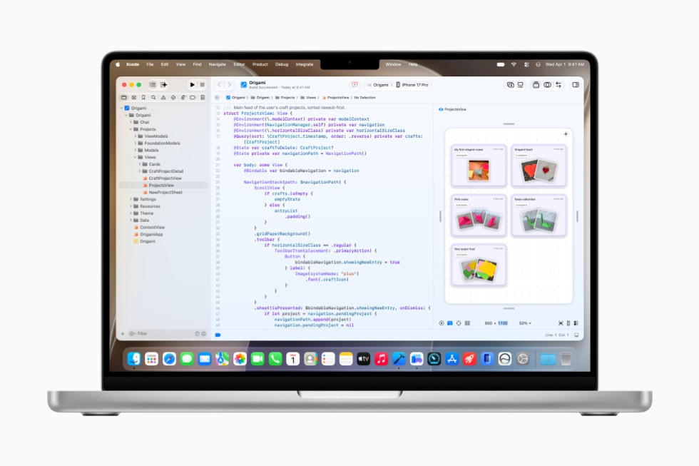 Una MacBook Pro muestra la programación en Xcode 27.