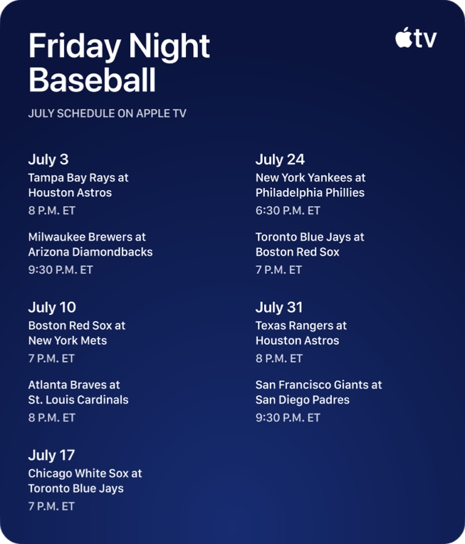 ภาพกราฟิกแสดงตารางการแข่งขัน “Friday Night Baseball” บน Apple TV ประจำเดือนกรกฎาคม 2026 ซึ่งระบุรายชื่อแมตช์การแข่งขันในวันที่ 3, 10, 17, 24 และ 31 กรกฎาคม