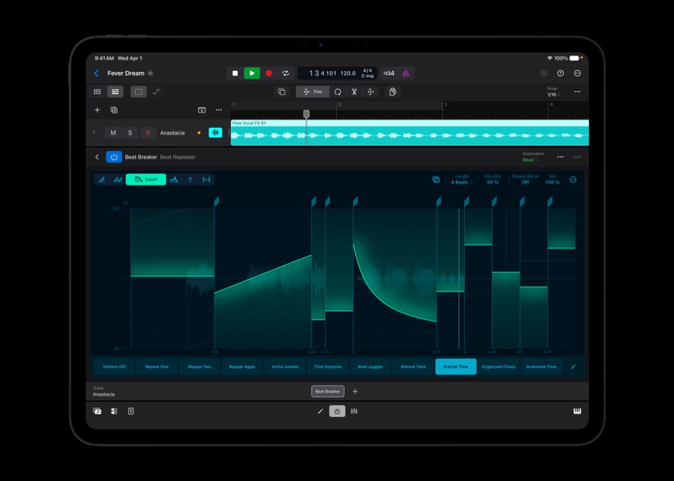 Se muestra el nuevo paquete de sonidos Granular Alchemy para Logic Pro en la pantalla de un iPad Pro.