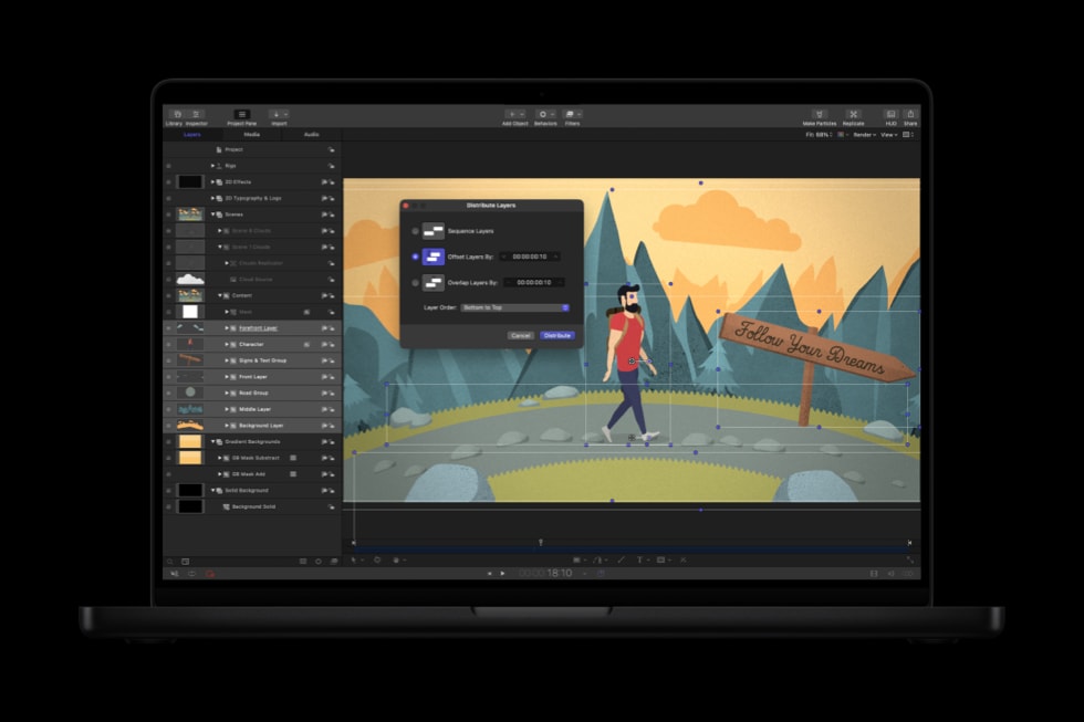 Una MacBook Pro muestra la distribución de capas en Motion.