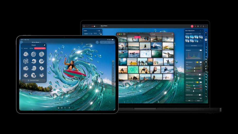 Se muestra la capacidad de generar figuras en un iPad Pro, y el Centro de Contenido en una MacBook Pro.