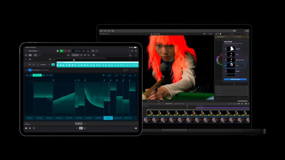 Un iPad Pro muestra la herramienta Beat Breaker en Logic Pro y una MacBook Pro muestra la herramienta Auto Mask en Final Cut Pro.