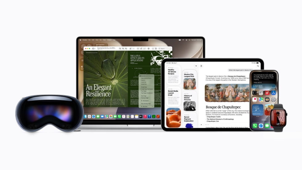 Una colección de productos Apple, entre ellos, un Apple Vision Pro, MacBook, iPad, iPhone 17 Pro y Apple Watch, y todos muestran distintas interfaces.